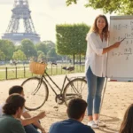Cours de maths en plein air à Paris avec la Tour Eiffel en arrière-plan, illustrant des stratégies d'attraction d'élèves sans publicité coûteuse.