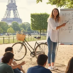 Cours de maths en plein air à Paris avec la Tour Eiffel en arrière-plan, illustrant des stratégies d'attraction d'élèves sans publicité coûteuse.
