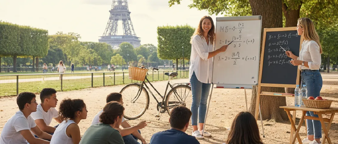 Cours de maths en plein air à Paris avec la Tour Eiffel en arrière-plan, illustrant des stratégies d'attraction d'élèves sans publicité coûteuse.