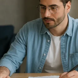 Un professeur particulier de mathématiques travaille sur un ordinateur portable, un cahier de notes ouvert devant lui, dans un salon moderne et lumineux avec des étagères remplies de livres en arrière-plan.