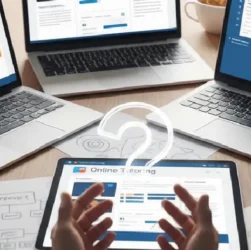 Une personne fait face à plusieurs ordinateurs portables et une tablette affichant différentes plateformes de cours particuliers en ligne, avec un point d'interrogation symbolisant le choix difficile. Idéal pour des articles sur la comparaison de plateformes éducatives.