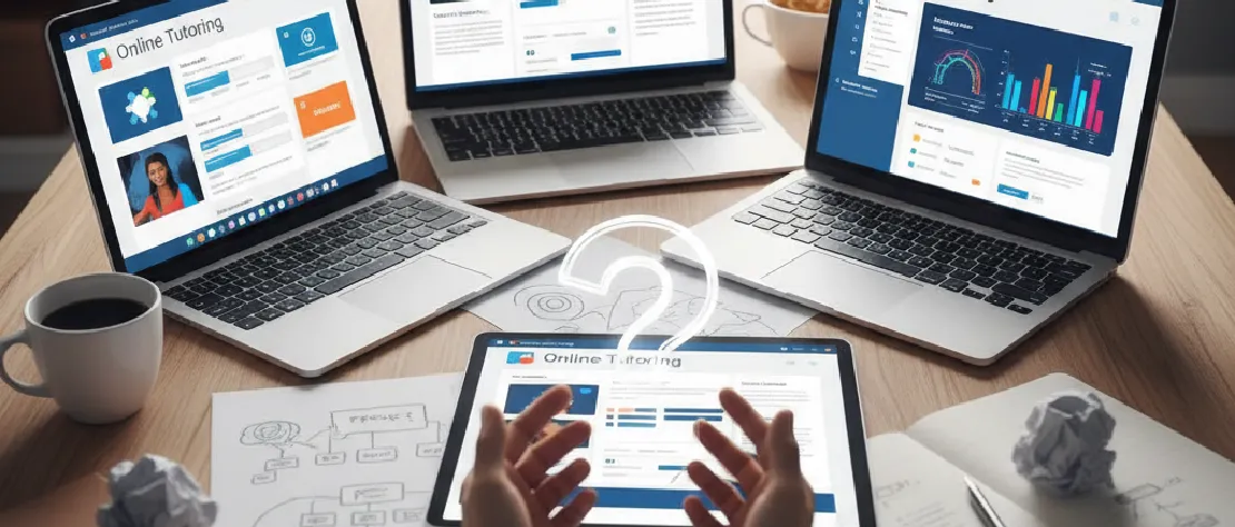 Une personne fait face à plusieurs ordinateurs portables et une tablette affichant différentes plateformes de cours particuliers en ligne, avec un point d'interrogation symbolisant le choix difficile. Idéal pour des articles sur la comparaison de plateformes éducatives.