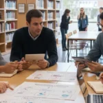 Groupe de futurs enseignants discutant de leurs options de carrière et du meilleur statut professionnel (public ou privé) pour enseigner dans une salle de classe, lycée ou collège.
