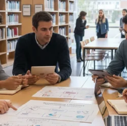 Groupe de futurs enseignants discutant de leurs options de carrière et du meilleur statut professionnel (public ou privé) pour enseigner dans une salle de classe, lycée ou collège.