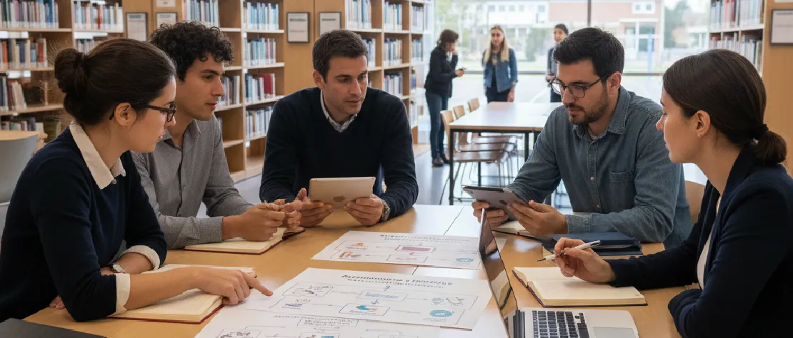Groupe de futurs enseignants discutant de leurs options de carrière et du meilleur statut professionnel (public ou privé) pour enseigner dans une salle de classe, lycée ou collège.