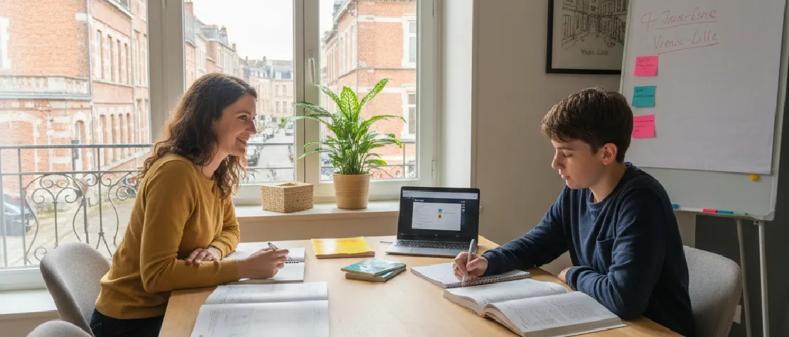 Professeur particulier à Lille enseignant à un élève dans une ambiance studieuse et professionnelle, illustrant la construction d'une solide réputation académique.