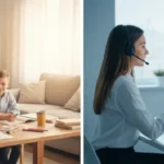 Comparaison visuelle entre l'enseignement à domicile avec un parent et des enfants étudiant à une table, et l'enseignement à distance avec un professeur devant un ordinateur effectuant un appel vidéo avec plusieurs élèves. L'image juxtapose les deux scénarios d'apprentissage pour illustrer le choix entre les deux.