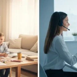 Comparaison visuelle entre l'enseignement à domicile avec un parent et des enfants étudiant à une table, et l'enseignement à distance avec un professeur devant un ordinateur effectuant un appel vidéo avec plusieurs élèves. L'image juxtapose les deux scénarios d'apprentissage pour illustrer le choix entre les deux.