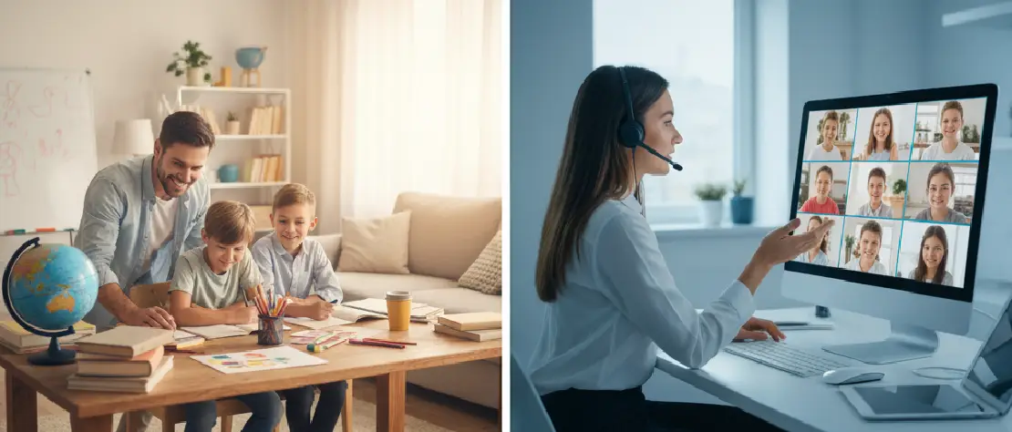 Comparaison visuelle entre l'enseignement à domicile avec un parent et des enfants étudiant à une table, et l'enseignement à distance avec un professeur devant un ordinateur effectuant un appel vidéo avec plusieurs élèves. L'image juxtapose les deux scénarios d'apprentissage pour illustrer le choix entre les deux.