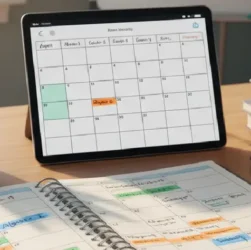 Organisation du calendrier de cours de maths : un planificateur papier et une tablette numérique ouverts sur un bureau, symbolisant la planification et l'optimisation de l'emploi du temps.
