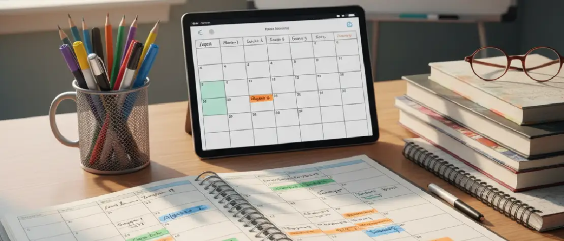 Organisation du calendrier de cours de maths : un planificateur papier et une tablette numérique ouverts sur un bureau, symbolisant la planification et l'optimisation de l'emploi du temps.