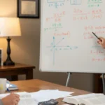 Un élève de terminale concentré, travaillant sur des exercices de suites numériques avec un tuteur ou un enseignant dans un environnement d'étude bien éclairé. Des schémas et des formules sont visibles sur un tableau blanc ou une feuille de papier, symbolisant l'apprentissage et la résolution de problèmes mathématiques.