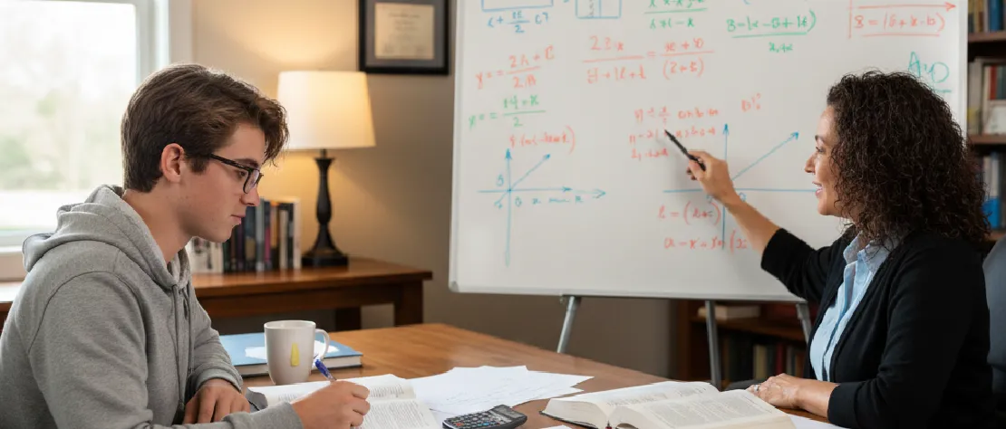 Un élève de terminale concentré, travaillant sur des exercices de suites numériques avec un tuteur ou un enseignant dans un environnement d'étude bien éclairé. Des schémas et des formules sont visibles sur un tableau blanc ou une feuille de papier, symbolisant l'apprentissage et la résolution de problèmes mathématiques.