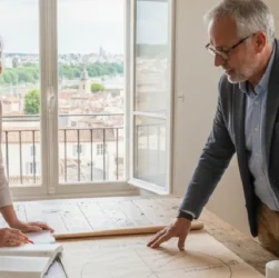 Deux adultes et un adolescent discutent autour d'une table en bois près d'une fenêtre à Toulouse, avec des documents et un tableau blanc visible, suggérant une discussion sur les plateformes de cours de maths.