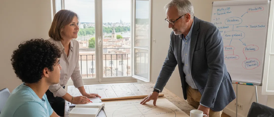 Deux adultes et un adolescent discutent autour d'une table en bois près d'une fenêtre à Toulouse, avec des documents et un tableau blanc visible, suggérant une discussion sur les plateformes de cours de maths.