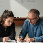 Élève préparant l'épreuve de mathématiques du Baccalauréat avec un professeur, des livres de maths et des formules au tableau, pour réussir le Bac.