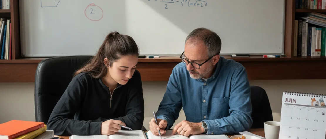 Élève préparant l'épreuve de mathématiques du Baccalauréat avec un professeur, des livres de maths et des formules au tableau, pour réussir le Bac.