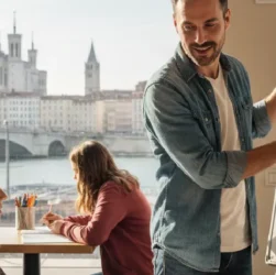 Un professeur particulier de maths souriant explique une équation sur un tableau blanc à deux jeunes étudiants attentifs dans une salle lumineuse, avec une grande fenêtre donnant sur un paysage urbain de Lyon, incluant la Saône et des bâtiments historiques.