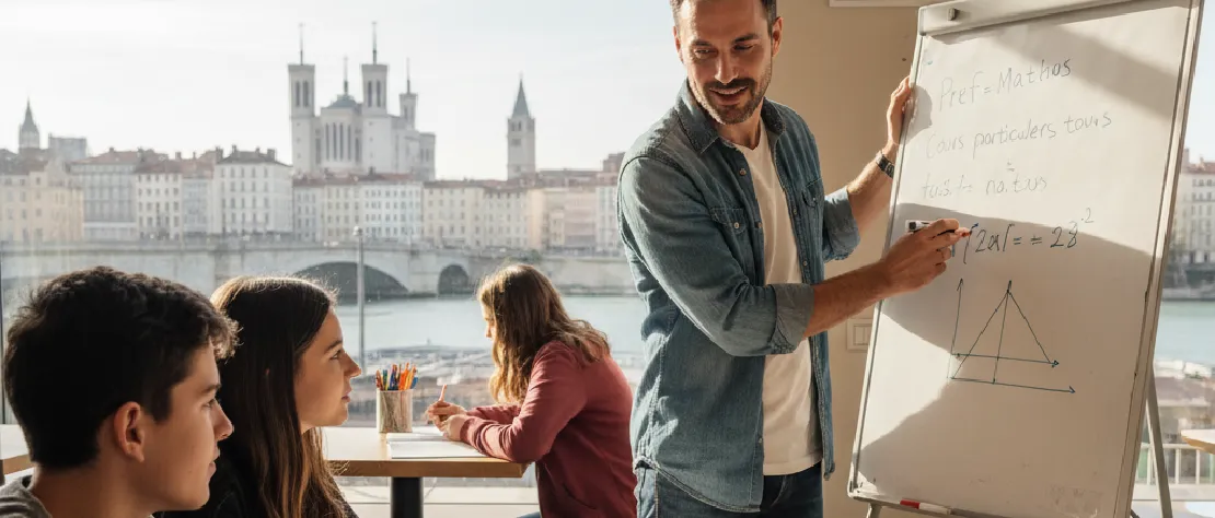 Un professeur particulier de maths souriant explique une équation sur un tableau blanc à deux jeunes étudiants attentifs dans une salle lumineuse, avec une grande fenêtre donnant sur un paysage urbain de Lyon, incluant la Saône et des bâtiments historiques.