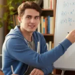 Étudiant expliquant une équation mathématique à un élève pendant une séance de tutorat privée, illustrant l'enseignement des maths
