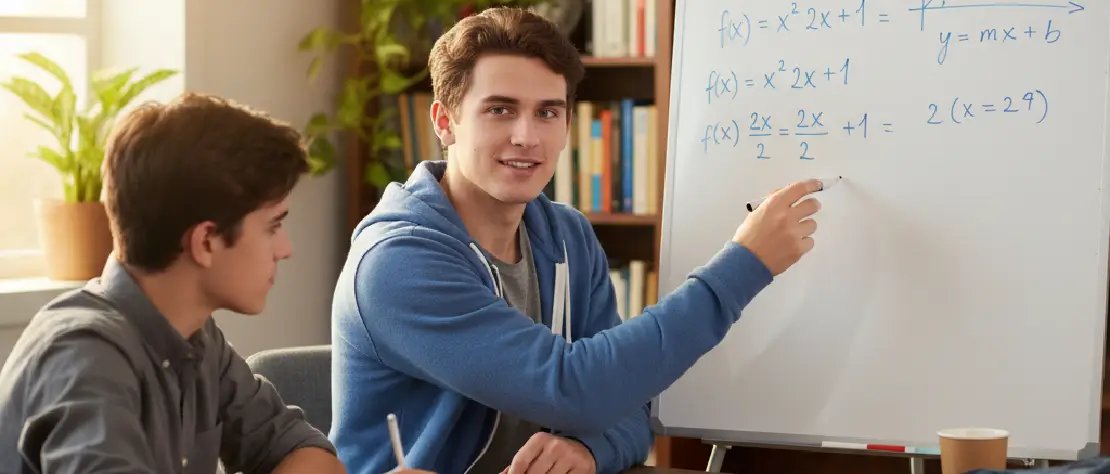 Étudiant expliquant une équation mathématique à un élève pendant une séance de tutorat privée, illustrant l'enseignement des maths