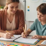 Enseignant et élève discutant d'un programme d'études personnalisé, avec des outils pédagogiques et un tableau blanc en arrière-plan, symbolisant le soutien scolaire et l'adaptation pédagogique.