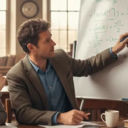 Un professeur et une élève de prépa travaillant ensemble sur un tableau blanc rempli d'équations mathématiques complexes, dans une bibliothèque universitaire classique, illustrant l'accompagnement personnalisé dans la résolution de problèmes.