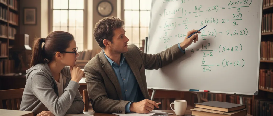 Un professeur et une élève de prépa travaillant ensemble sur un tableau blanc rempli d'équations mathématiques complexes, dans une bibliothèque universitaire classique, illustrant l'accompagnement personnalisé dans la résolution de problèmes.