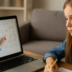 Un enfant concentré suit un cours de mathématiques en ligne sur un ordinateur portable, un professeur explique des équations sur un tableau blanc affiché à l’écran.