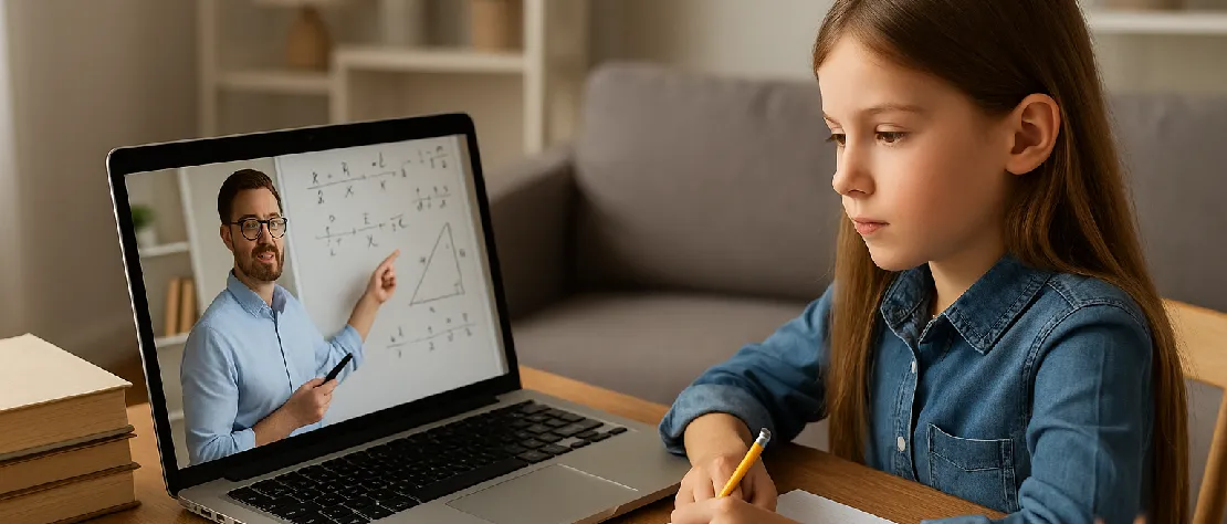 Un enfant concentré suit un cours de mathématiques en ligne sur un ordinateur portable, un professeur explique des équations sur un tableau blanc affiché à l’écran.