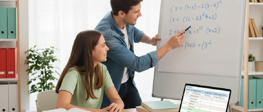 Jeune homme expliquant une formule mathématique à une adolescente souriante, ils sont assis à une table dans un cadre lumineux et moderne, avec des livres de maths et un ordinateur portable, symbolisant l'apprentissage et la tarification juste.